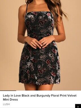 Lady in Love Black and Burgundy Floral Print Velvet Mini Dress, Large